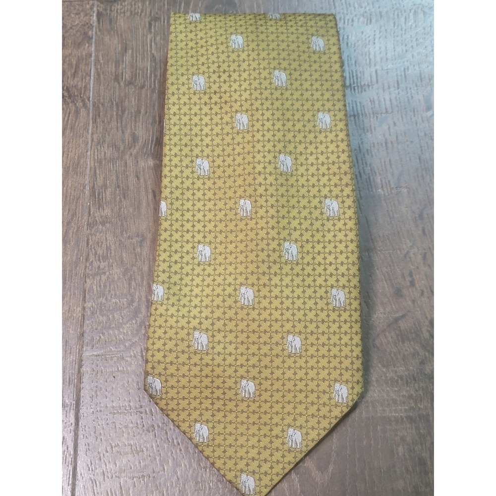 Vintage De Amanda Set of 2 Silk Elephant Ties Gold Green Geometric Handmade Ties